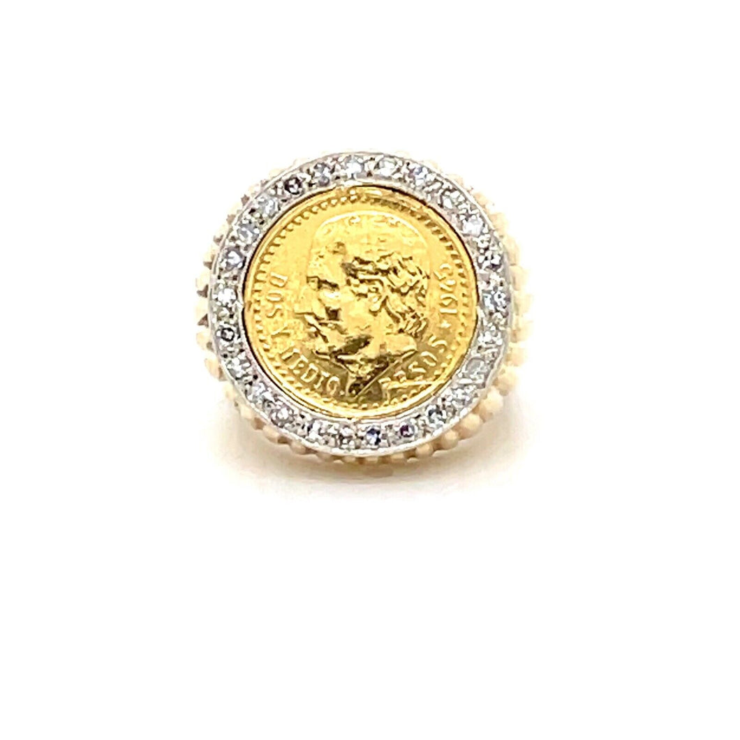 1945 Dos Pesos Gold Coin Ring With Diamonds