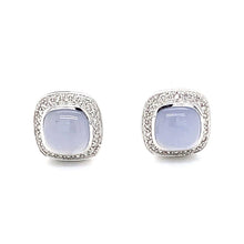 Load image into Gallery viewer, 14K White Gold Earrings With 48 Round Diamonds, 0.50 TW, &amp; Chalcedony Cabochon