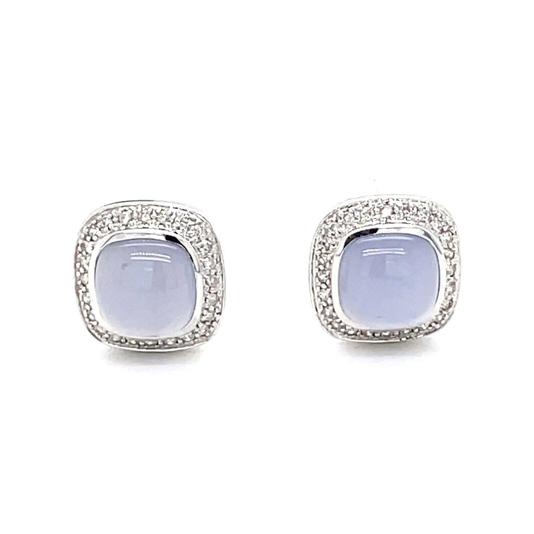 14K White Gold Earrings With 48 Round Diamonds, 0.50 TW, & Chalcedony Cabochon