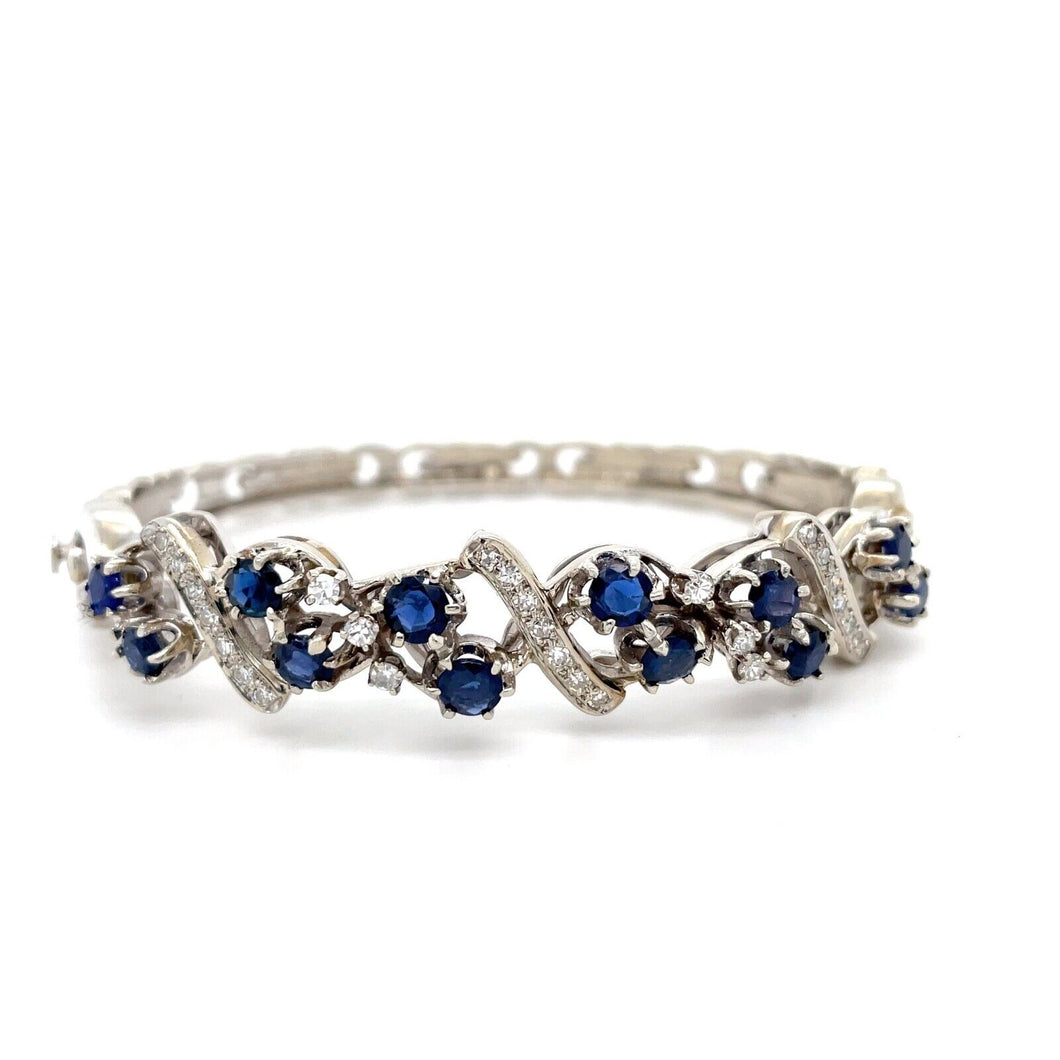 Vintage-Inspired 12 Blue Sapphire Gemstone Bangle Bracelet in 14K White Gold