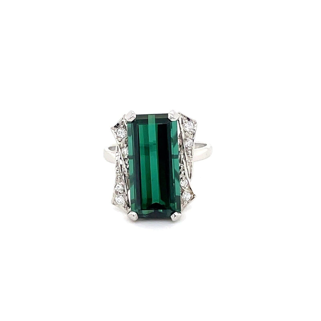 14k White Gold Ring With Diamonds & Green Tourmalines