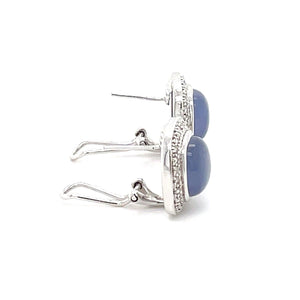 14K White Gold Earrings With 48 Round Diamonds, 0.50 TW, & Chalcedony Cabochon