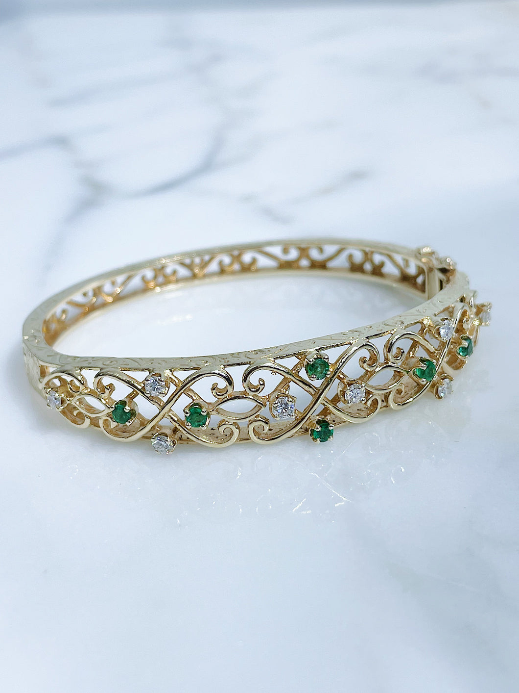 Vintage Diamond + Emerald Bracelet, 14k Yellow Gold