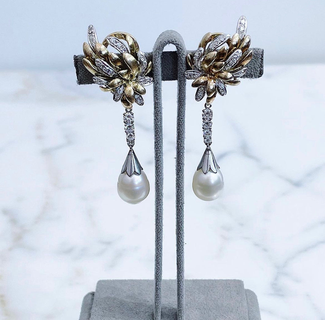 Pearl + Diamond Dangle Earrings, 14k Yellow & White Gold