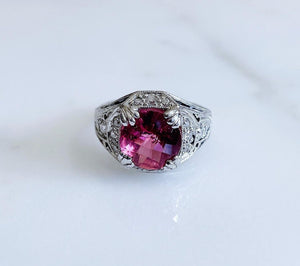 Custom Diamond, Platinum, Pink Tourmaline Center Stone Ring