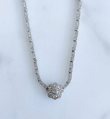 Floral Sytle Diamond Necklace, 18k White Gold, Round Diamonds