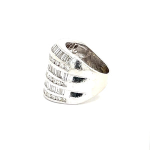 14k White Gold Multi-Band Baguette and Round Cut Diamond Statement Ring