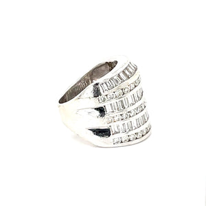 14k White Gold Multi-Band Baguette and Round Cut Diamond Statement Ring