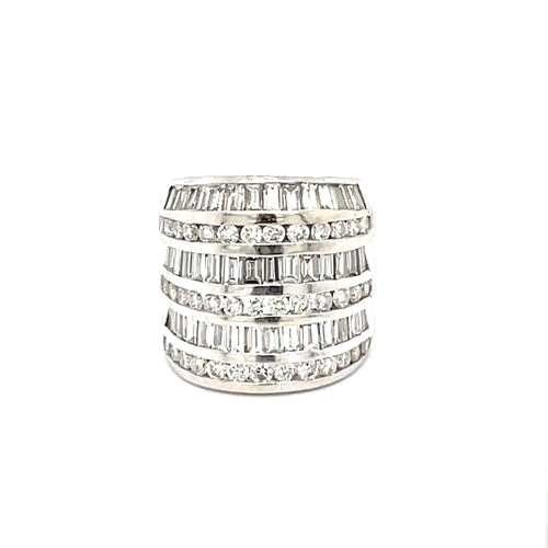 14k White Gold Multi-Band Baguette and Round Cut Diamond Statement Ring