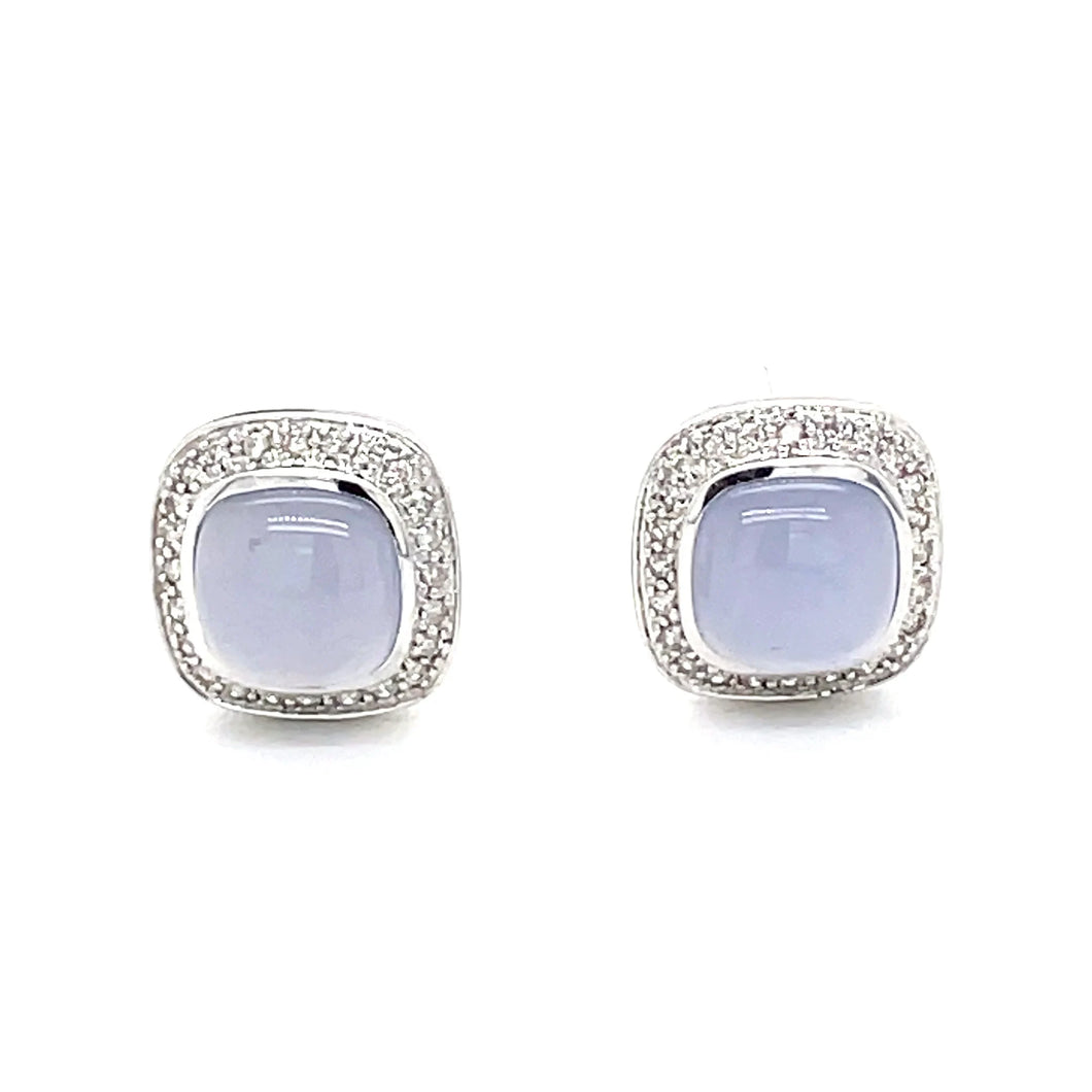 14k White Gold Chalcedony Cabochon and Diamond Earrings (.50TW)