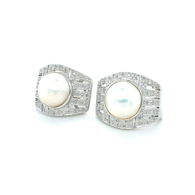 14k White Gold Mabe Pearl Earrings with Pave Diamond Detailing
