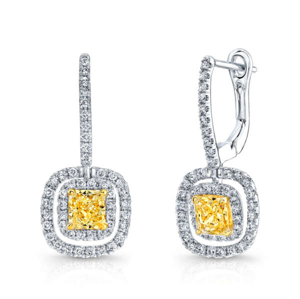 Radiant Cut Yellow Diamond Earrings with Double Halo, Earrings,  - [Wachler]