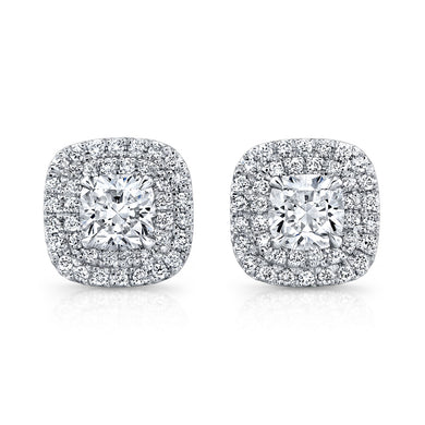 Cushion Cut Diamond Stud Earrings with Two Pave Halos, Earrings,  - [Wachler]