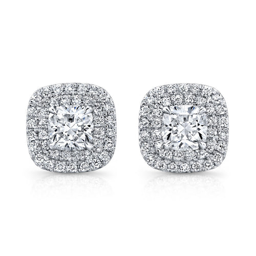 Cushion Cut Diamond Stud Earrings with Two Pave Halos, Earrings,  - [Wachler]