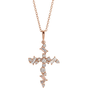 14K Rose 0.37ct Diamond Scattered Cross Necklace, Pendant,  - [Wachler]