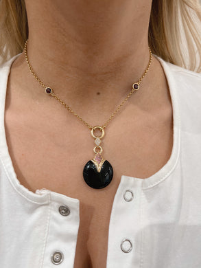 14K Yellow Gold Black Onyx, Diamond, Gemstone Pendant Necklace